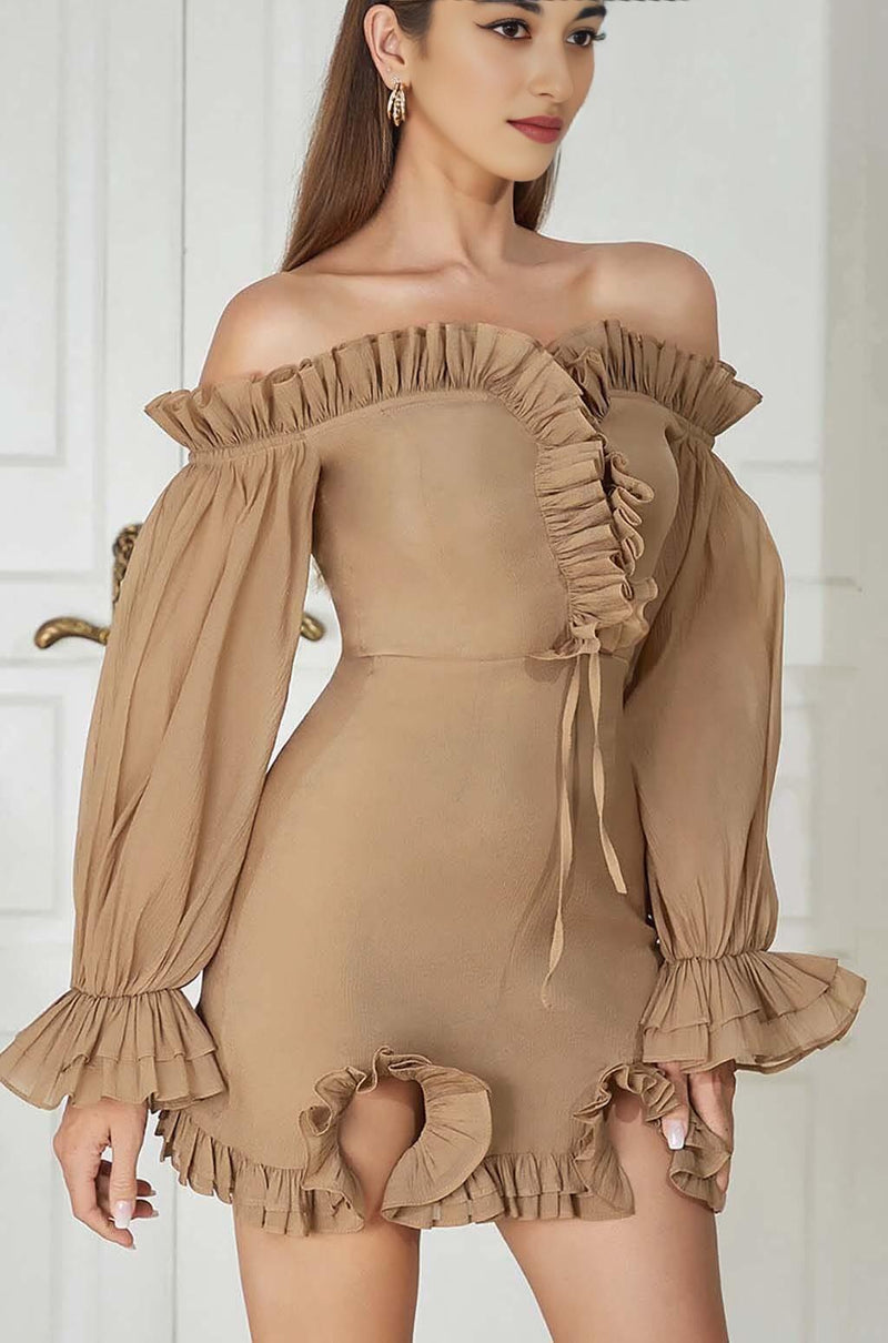 TEXTURED RUCHED FRILL MINI DRESS IN BROWN