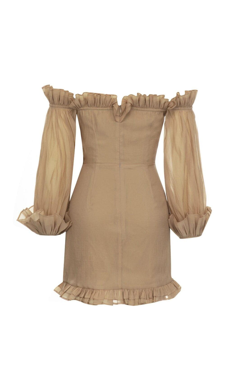 TEXTURED RUCHED FRILL MINI DRESS IN BROWN