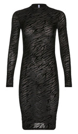 ZEBRA-PATTERN LONG-SLEEVED MIDI DRESS IN BLACK