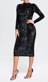 ZEBRA-PATTERN LONG-SLEEVED MIDI DRESS IN BLACK