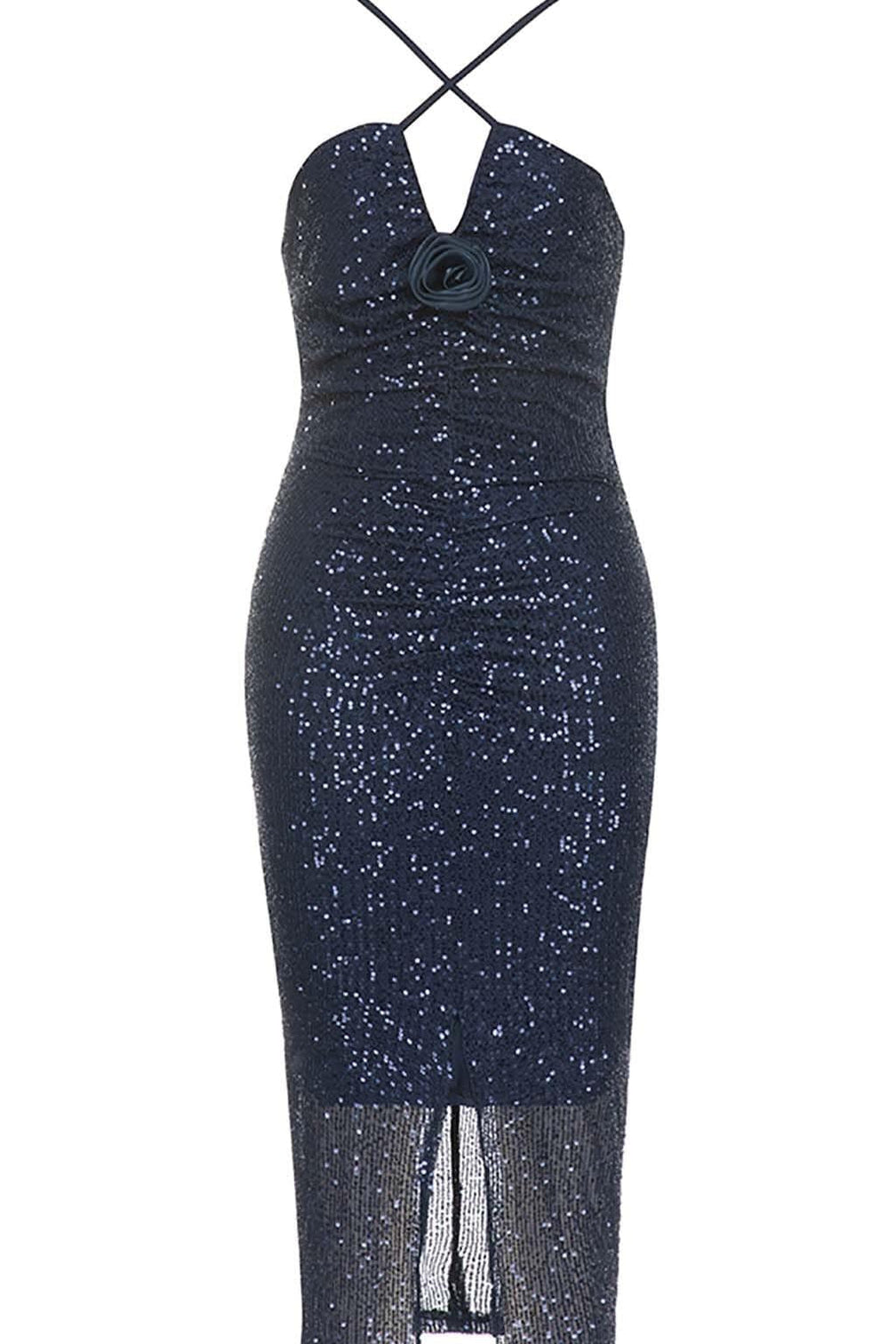 3D FLORAL HALTER SEQUIN MIDI DRESSIN NAVY BLUE
