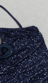 3D FLORAL HALTER SEQUIN MIDI DRESSIN NAVY BLUE