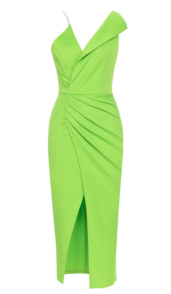 ASYMMETRIC SHOULDER MIDI DRESS IN GREEN