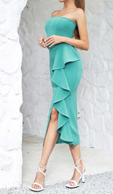 BANDEAU RUFFLES MIDI DRESS IN GREEN