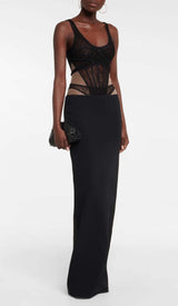 CUT-OUT TULLE CORSET MAXI DRESS IN BLACK