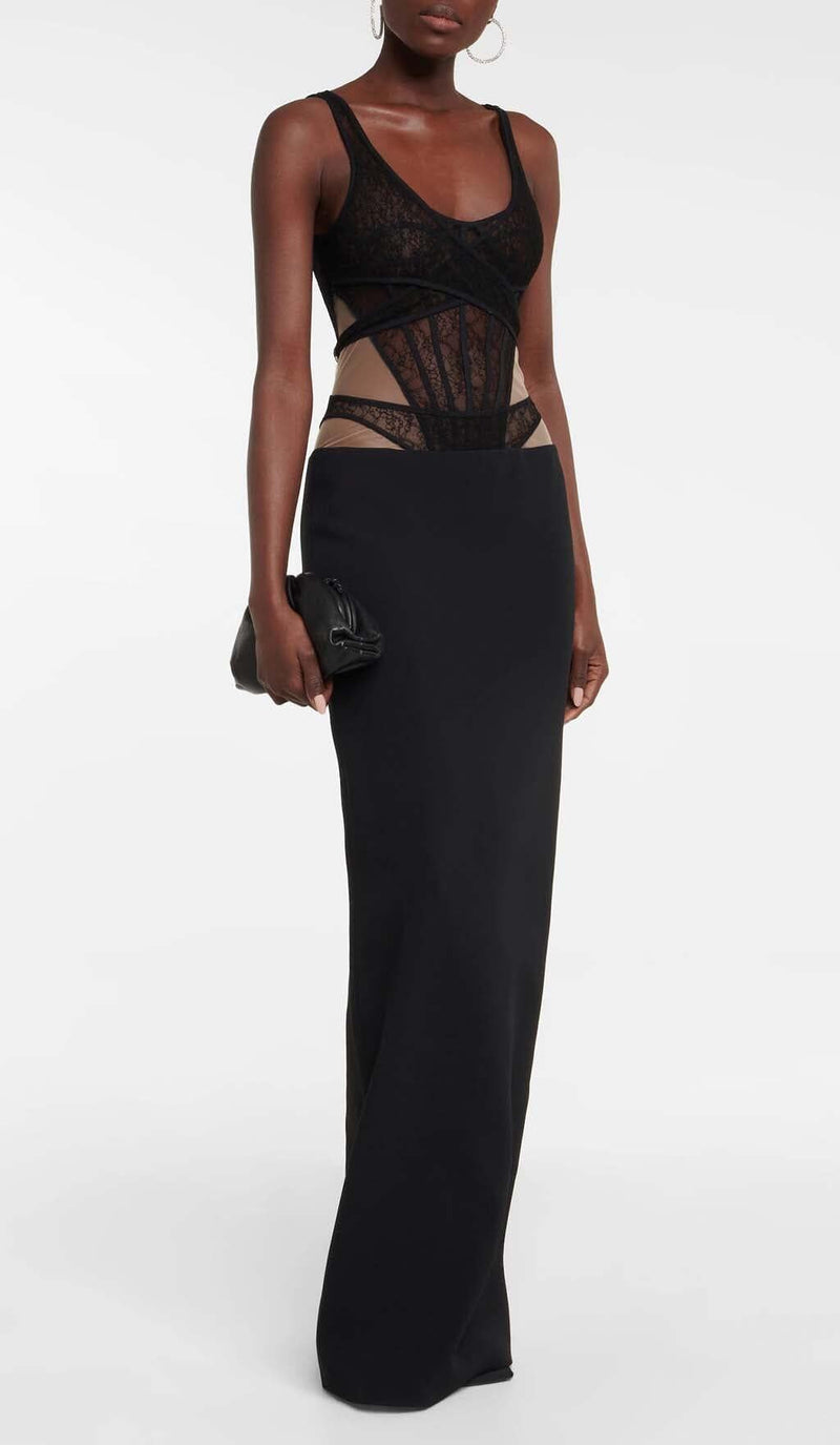 CUT-OUT TULLE CORSET MAXI DRESS IN BLACK