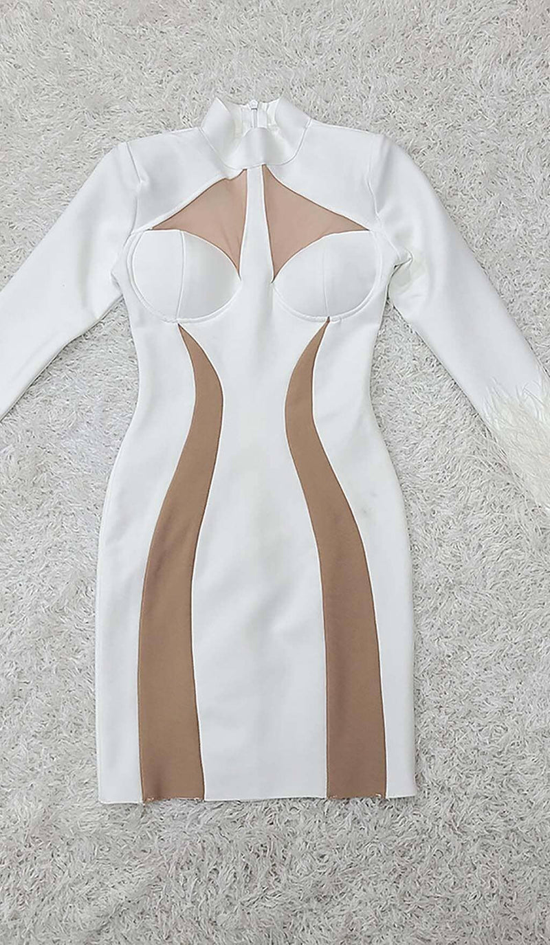 FEATHER BANDAGE MINI DRESS-WHITE