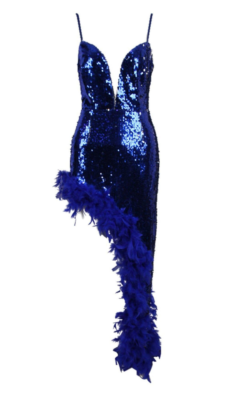 FEATHER SEQUIN MIDI DRESS IN BLUE