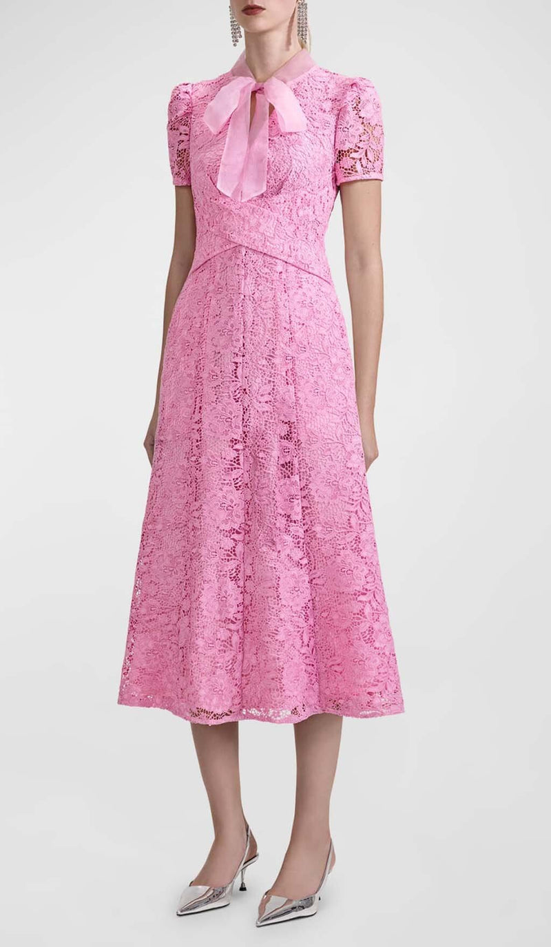 FLARED-HEM LACE MIDI DRESS IN PINK