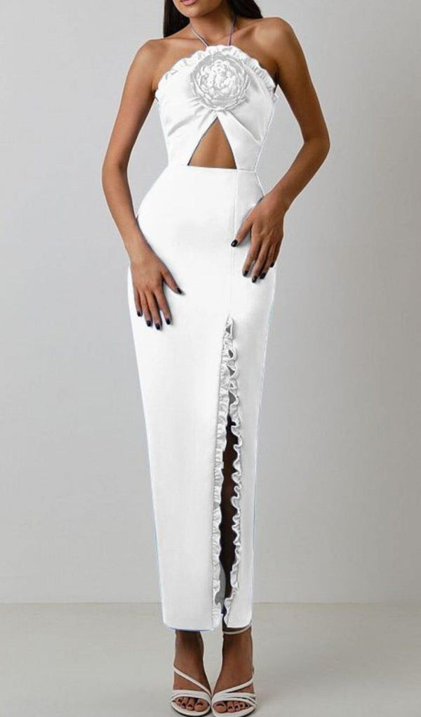 FLORAL EMBELLISHED SLIT MIDI DRESS IN WHITE