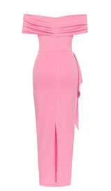 OFF SHOULDER SIDE SPLIT MIDI DRESS IN PINK