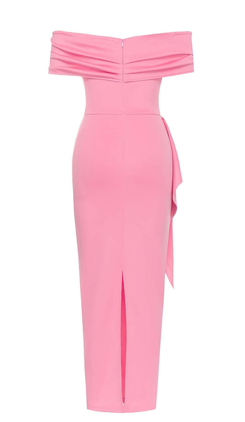 OFF SHOULDER SIDE SPLIT MIDI DRESS IN PINK