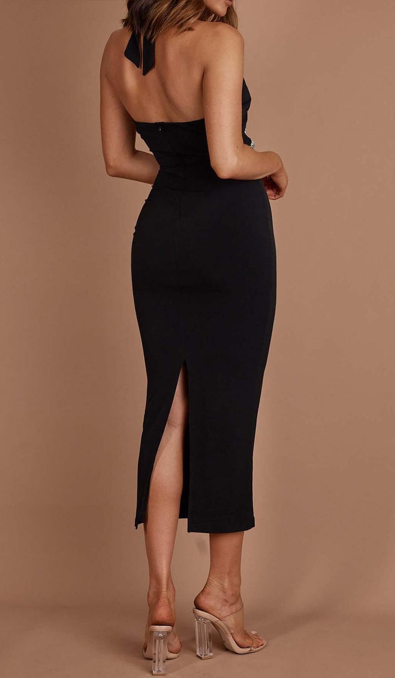 DIAMANTE TRIM MIDI DRESS IN BLACK