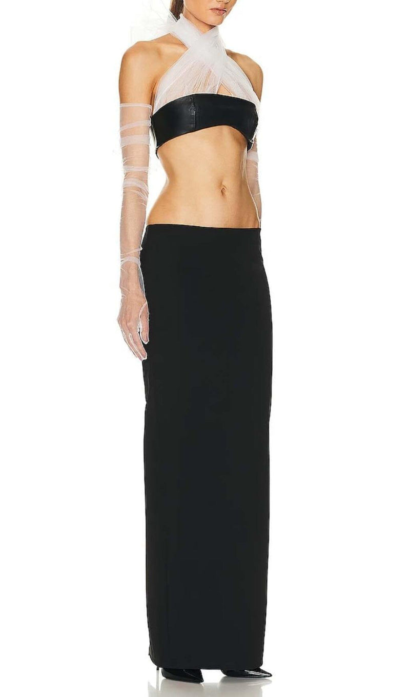 LEATHER BANDEAU CROSSOVER TULLE TWO PIECE IN BLACK