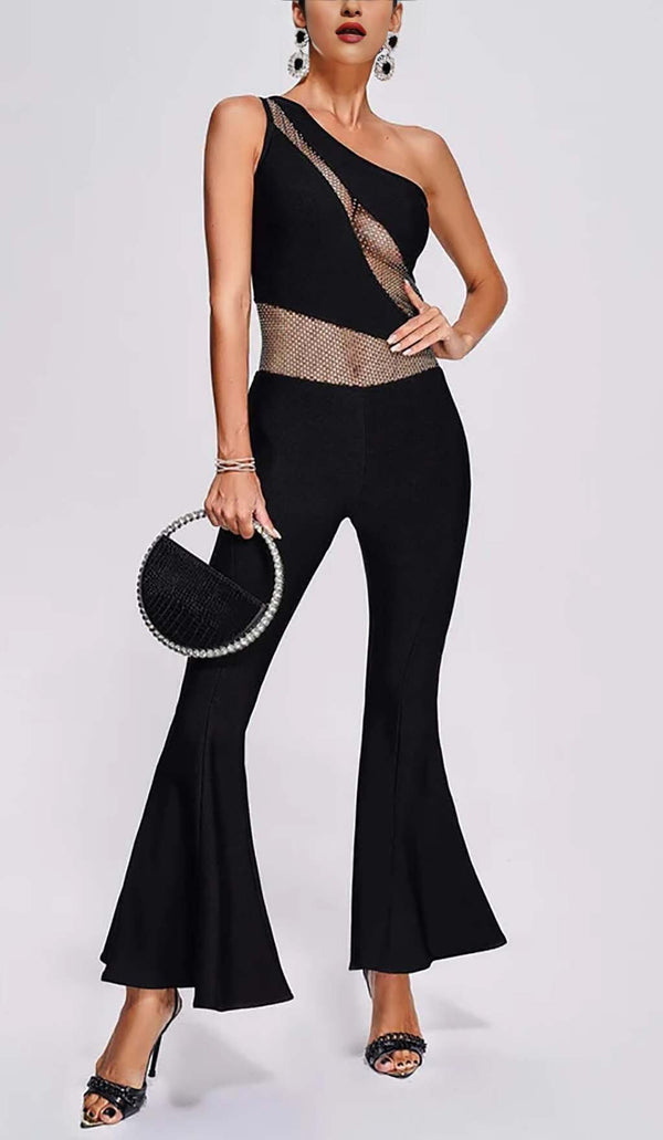 ONE-SHOULDER FLARED-LEG JUMPSUIT IN BLACK