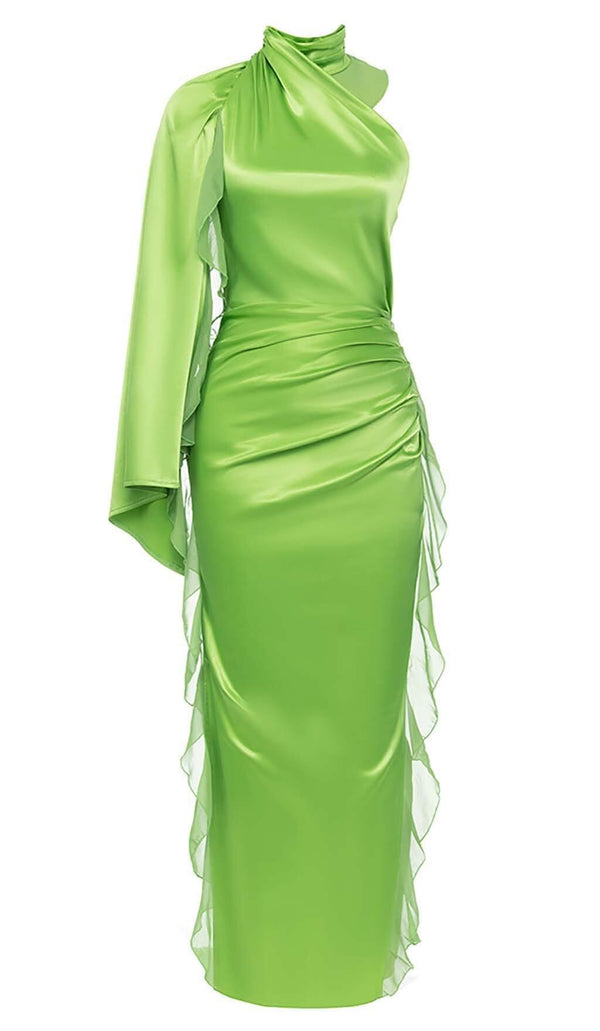 ONE-SHOULDER SATIN RUFFLE MAXI DRESS IN NEON GREEN