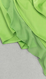 ONE-SHOULDER SATIN RUFFLE MAXI DRESS IN NEON GREEN