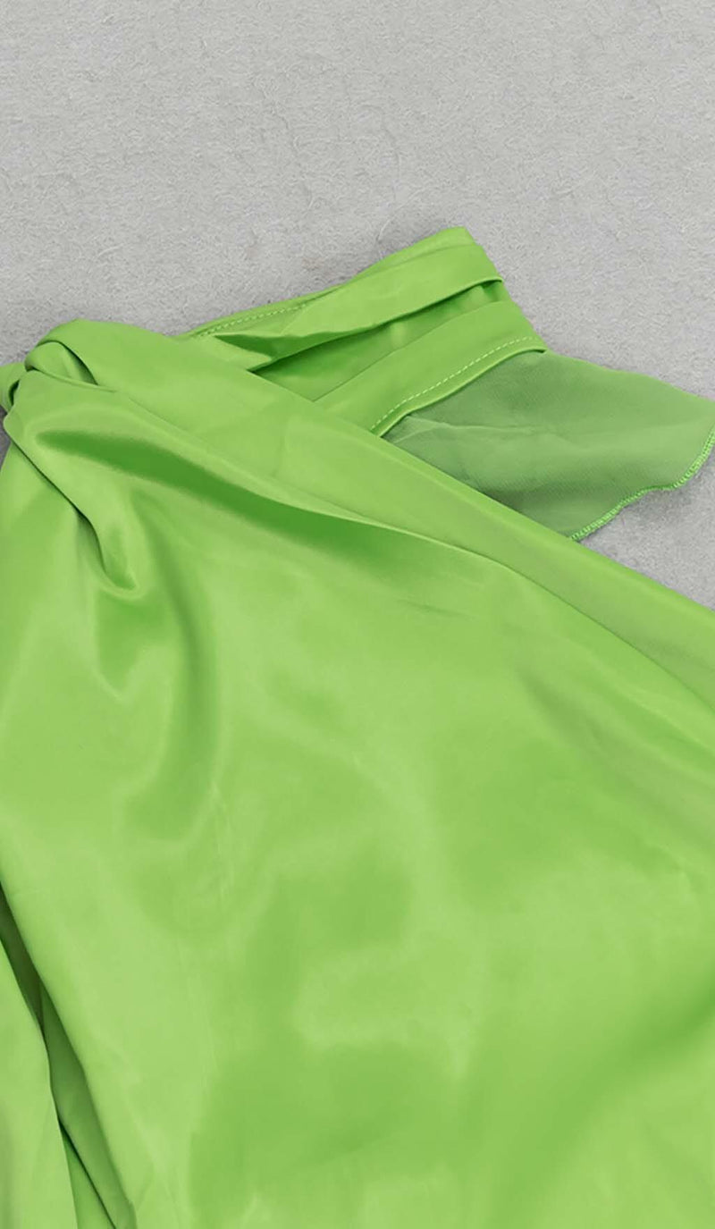 ONE-SHOULDER SATIN RUFFLE MAXI DRESS IN NEON GREEN