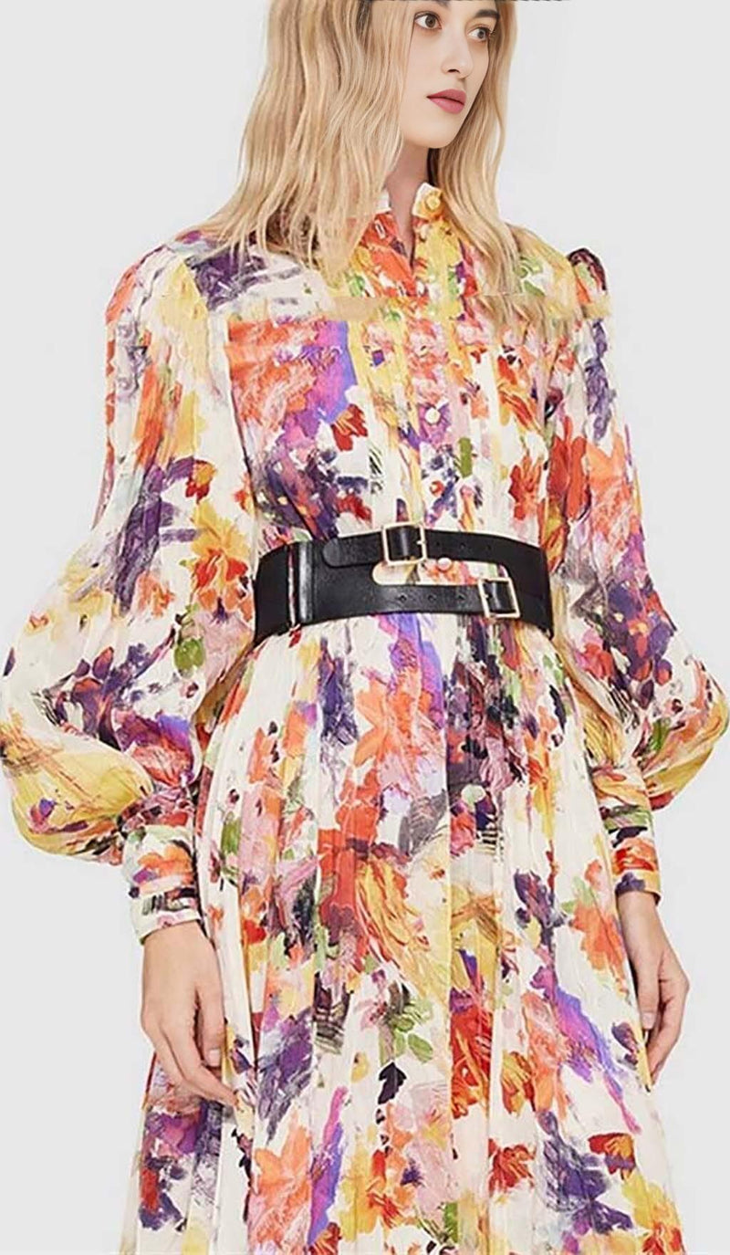 POISE PRINT SILK MIDI DRESS IN MULTI-COLOR