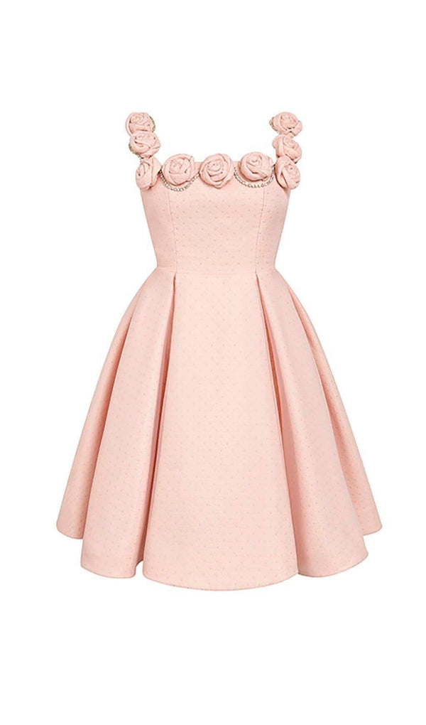 RHINESTONE ROSE APPLIQUE MINI DRESS IN PINK