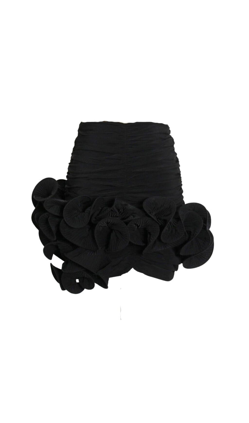 STRAPLESS FLOWER PLEATED SKIRT IN BLACK