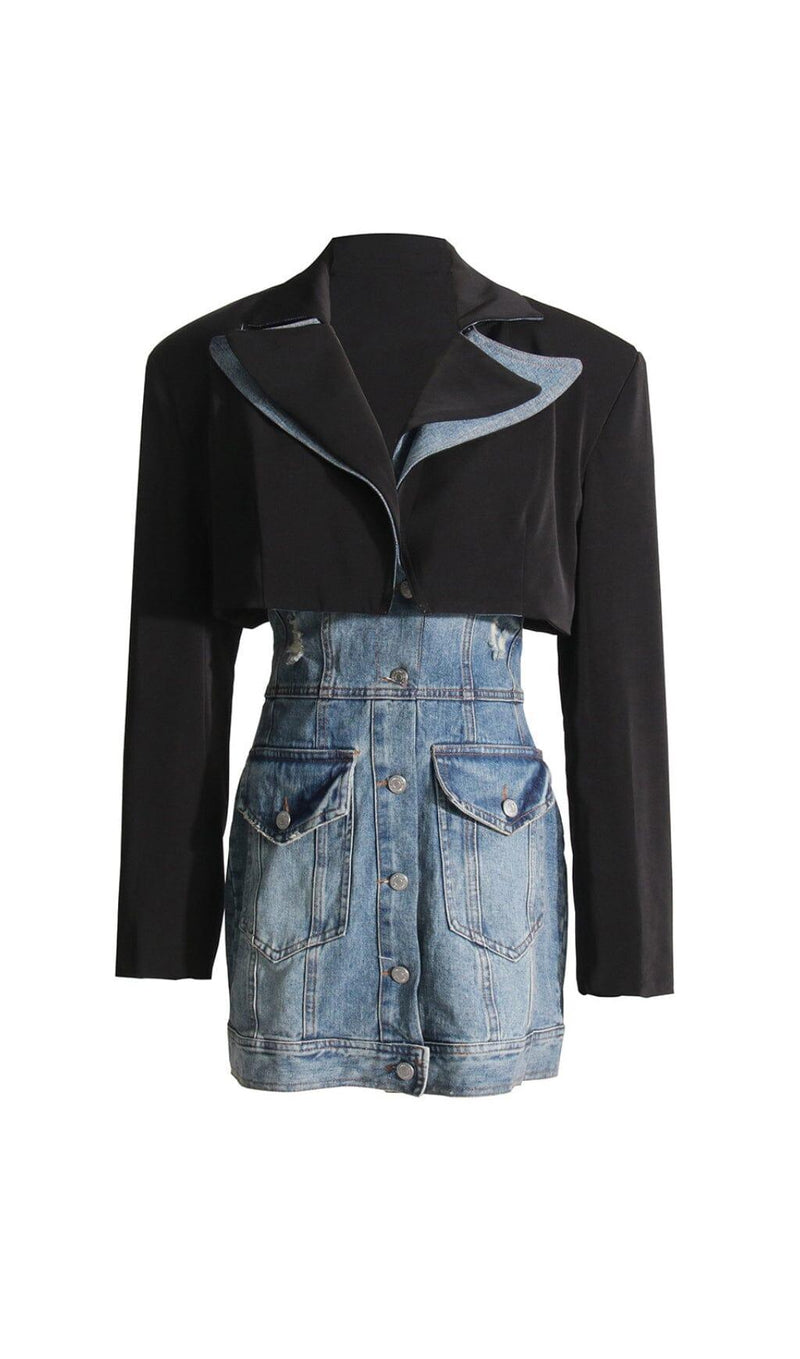 SUIT COLLAR PATCHWORK DENIM TWO-PIECE SUIT