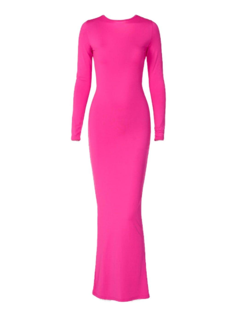 V NECK RUCHED MAXI DRESS IN HOT PINK