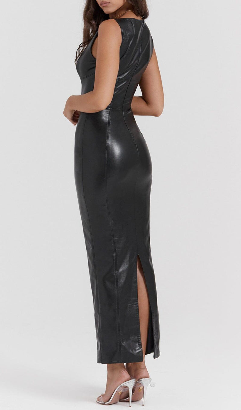 BLACK VEGAN LEATHER MAXI DRESS