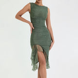 RUCHED IRREGULAR CORSET DRESS IN GREEN