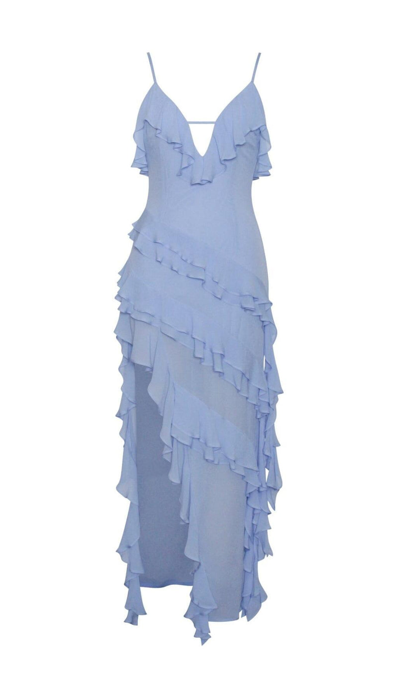 CORNFLOWER BLUE RAYON RUFFLE MAXI DRESS