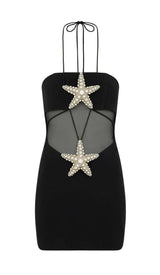 CRYSTAL STARFISH HALTER MINI DRESS IN BLACK