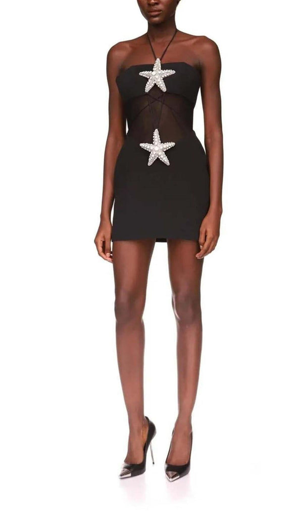 CRYSTAL STARFISH HALTER MINI DRESS IN BLACK