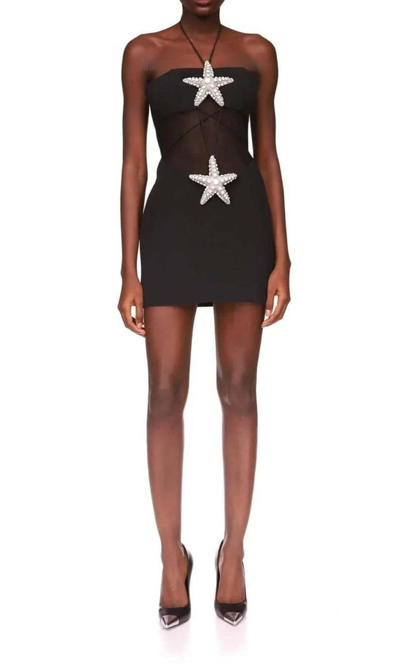 CRYSTAL STARFISH HALTER MINI DRESS IN BLACK