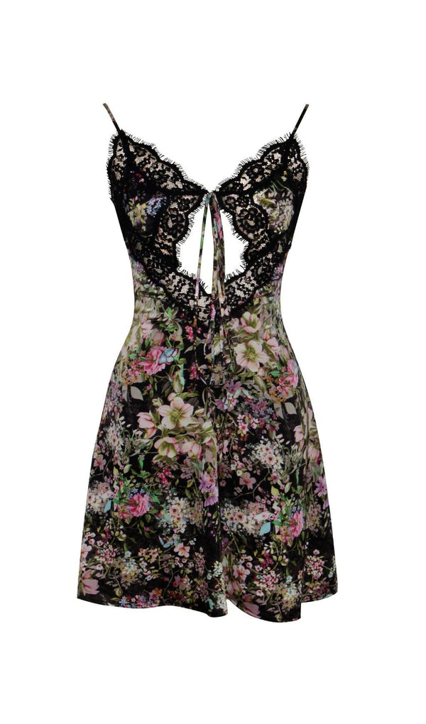 FLORAL PRINT SATIN MINI DRESS WITH LACE TRIM