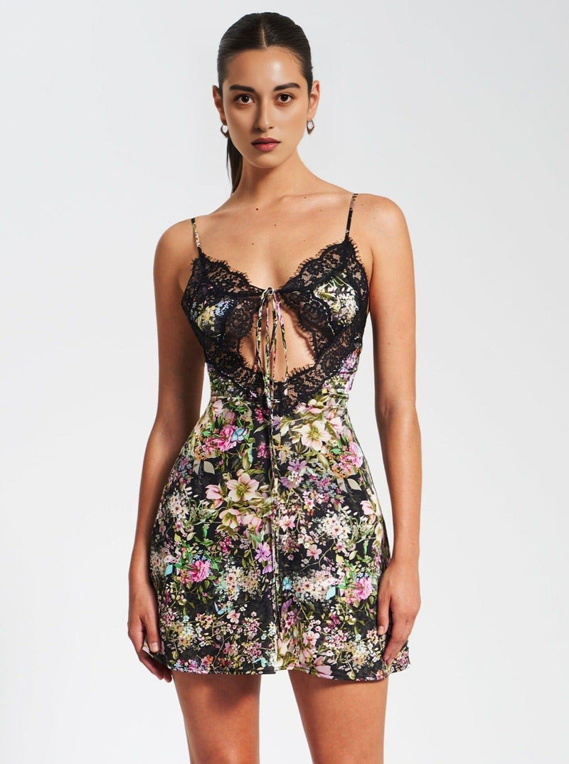 FLORAL PRINT SATIN MINI DRESS WITH LACE TRIM