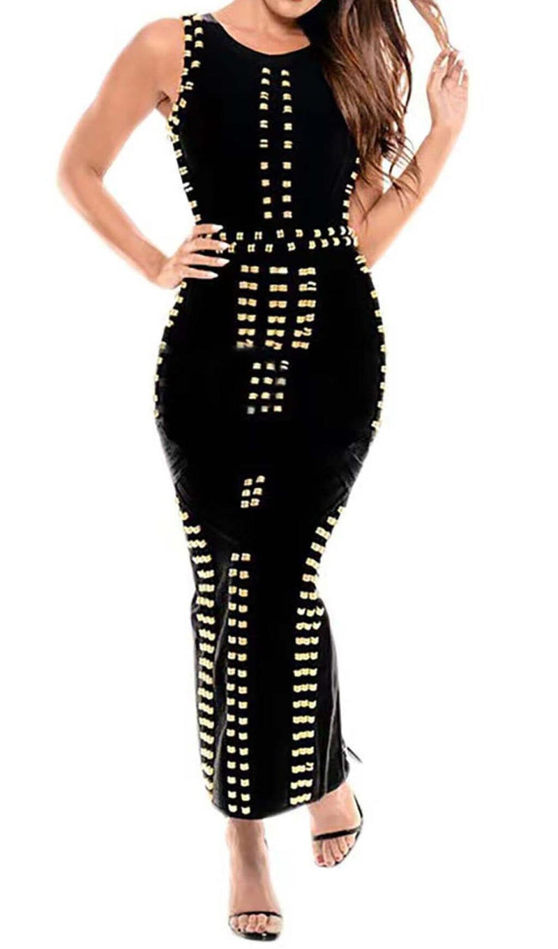 GOLD ACCENT BANDAGE MAXI DRESS