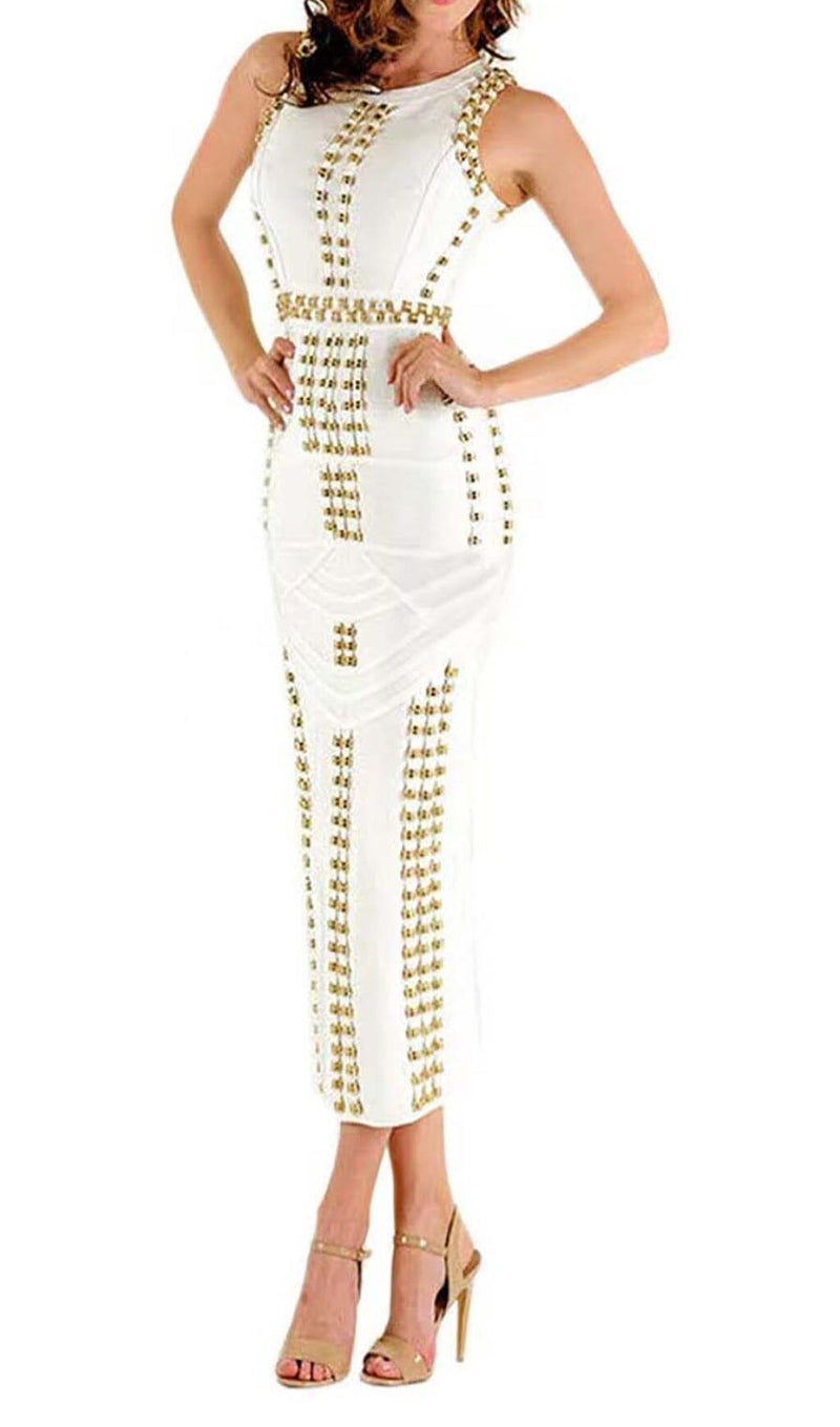 GOLD ACCENT BANDAGE MAXI DRESS