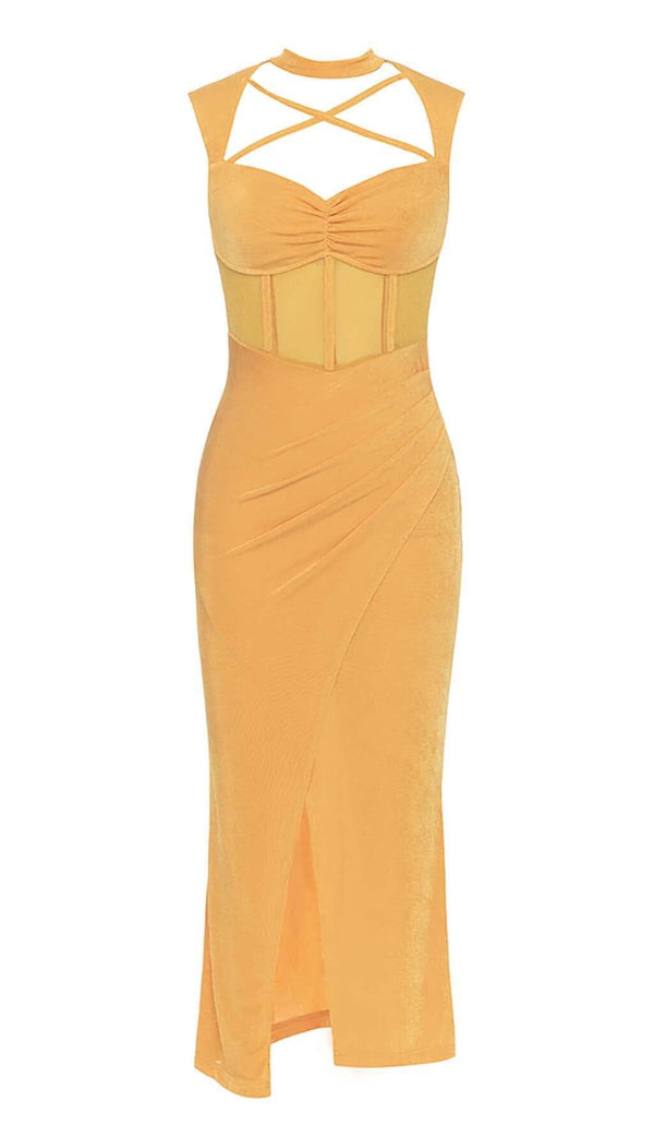 HALTER BANDAGE MIDI DRESS IN YELLOW