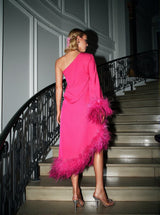 Ceridwen One Shoulder Feather Trimmed Midi Dress In Hot Pink