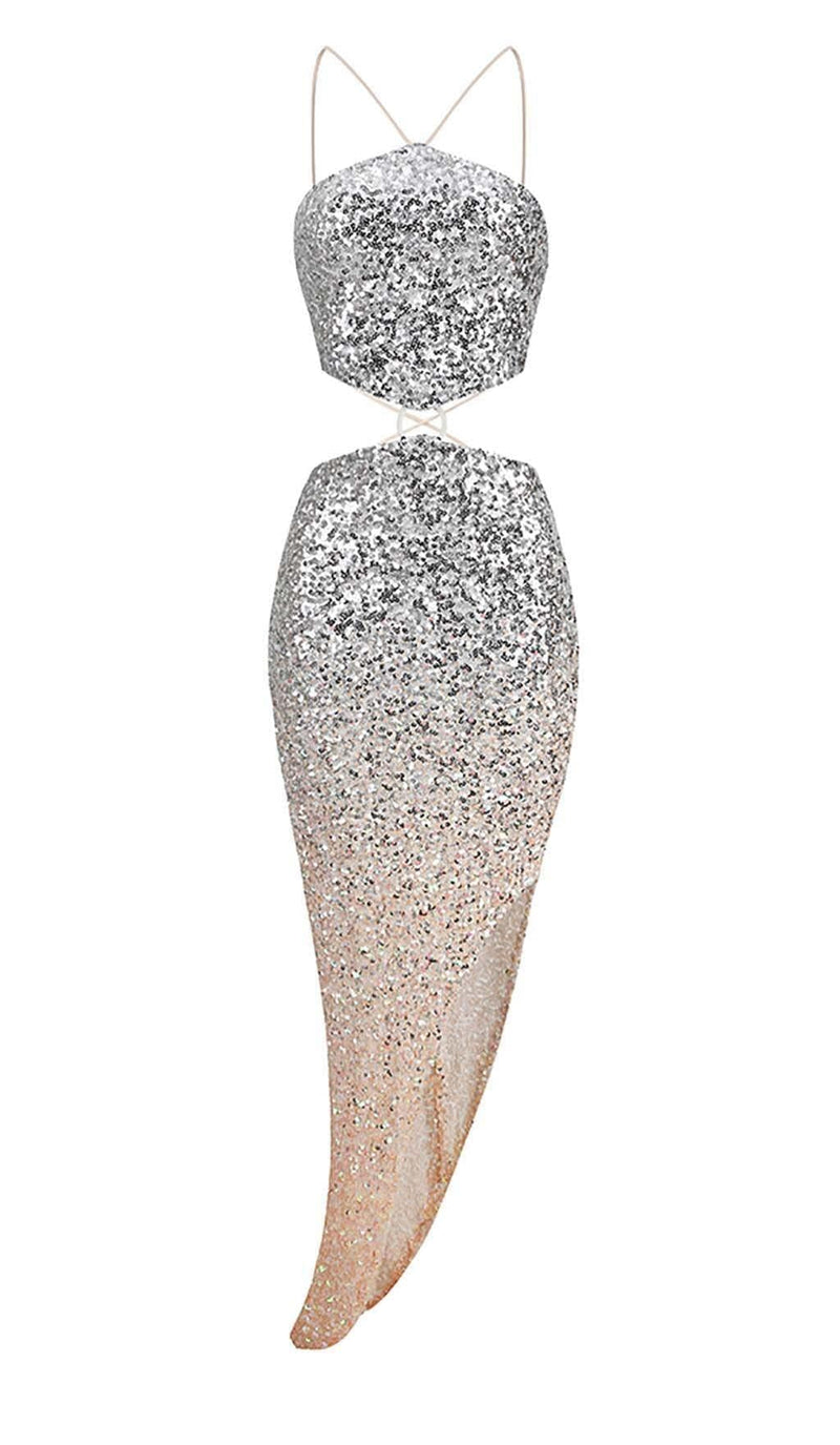 HALTER SEQUIN MIDI DRESS IN METALLIC SLIVER