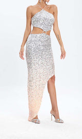 HALTER SEQUIN MIDI DRESS IN METALLIC SLIVER