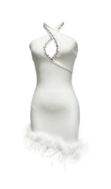 HALTERNECK EMBELLISHED FEATHER BANDAGE DRESS