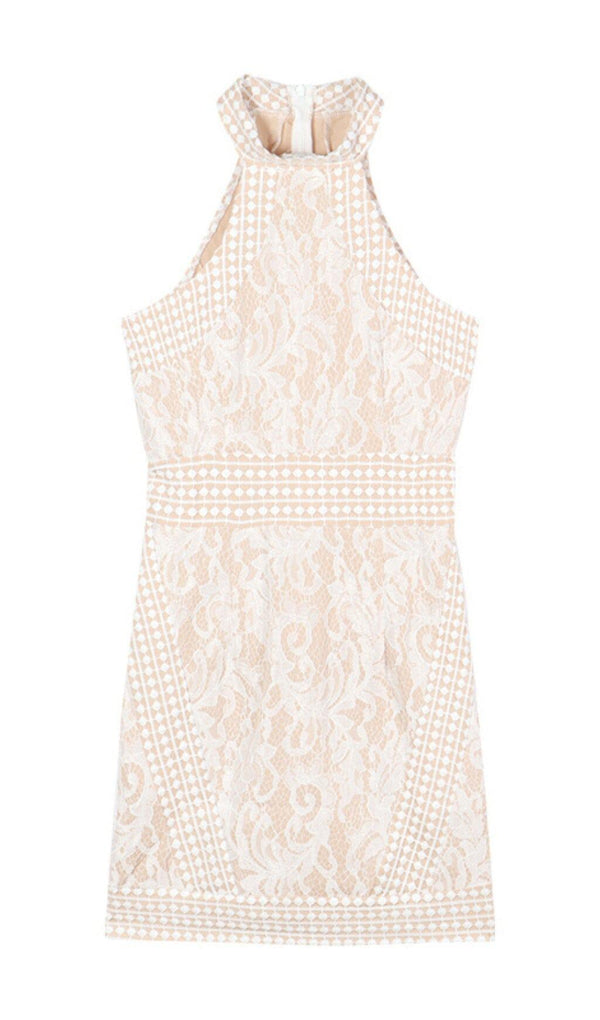 HIGH NECK CROCHET MINI DRESS IN BEIGE