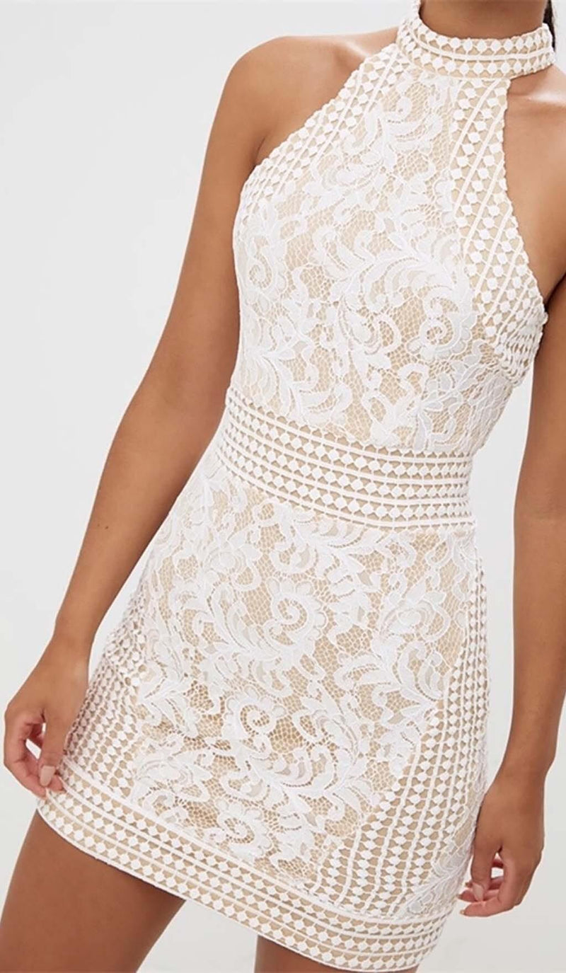 HIGH NECK CROCHET MINI DRESS IN BEIGE