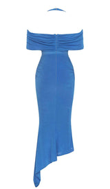 HIGH NECK FRILL MIDI DRESS IN BLUE