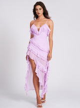 LILAC RAYON RUFFLE MAXI DRESS