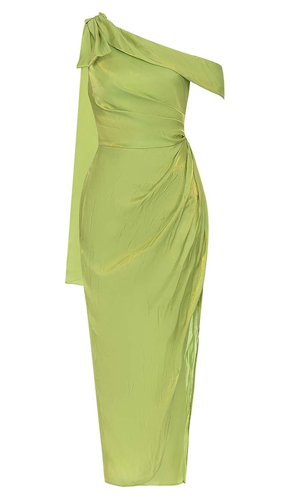 ONE SHOULDER SIDE ASYMMETRICAL MIDI DRESS IN GREEN