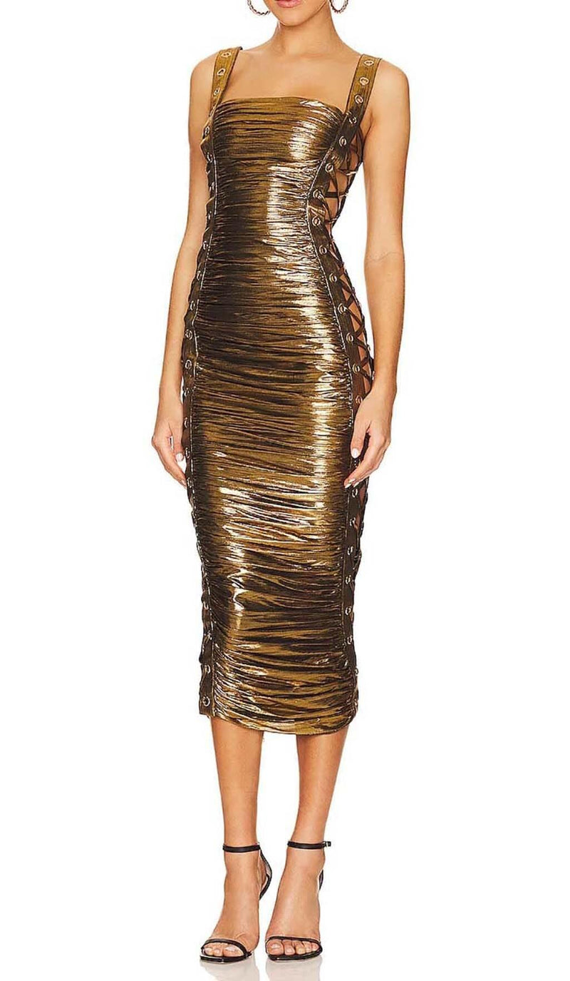 RUCHED METALLIC MIDI DRESS IN GOLD