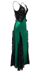 RUFFLED SILK SATIN MAXI DRESS IN GREEN