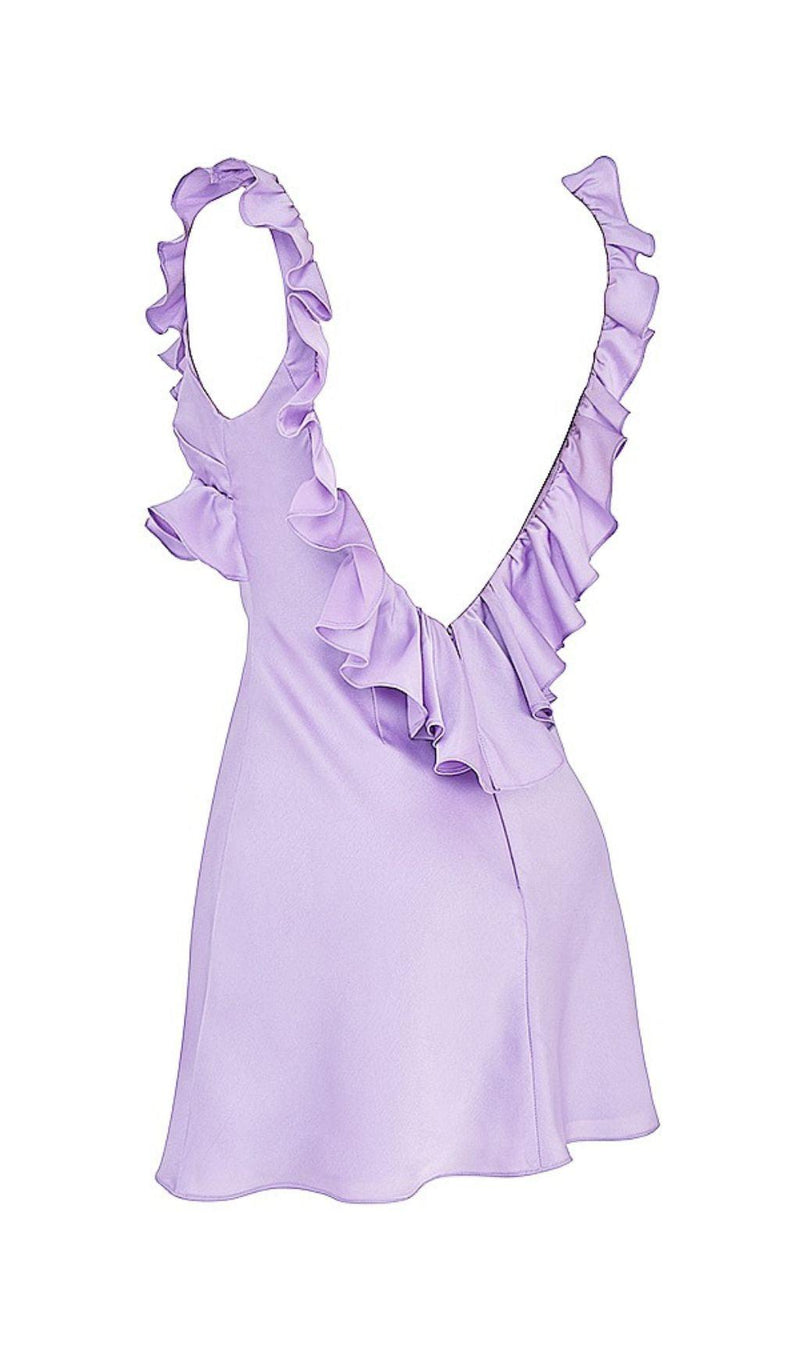 SATIN RUFFLE MINI DRESS IN PURPLE